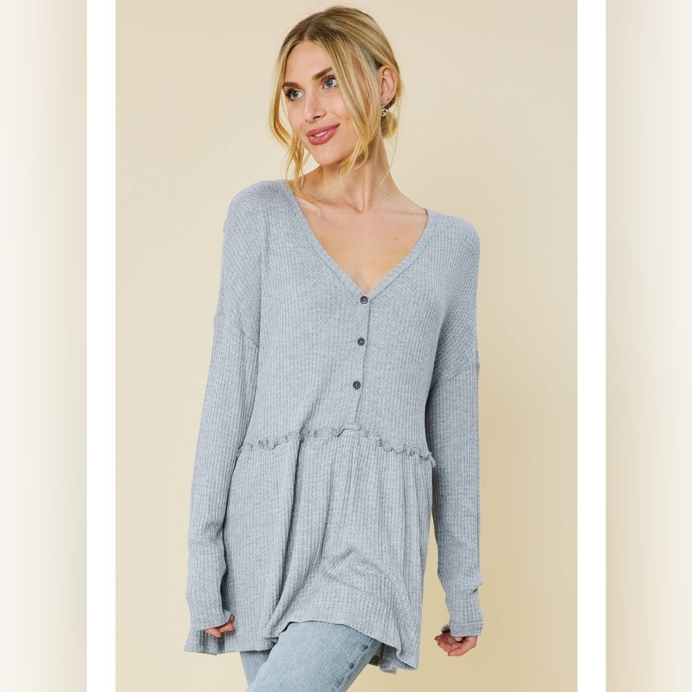 FSL Apparel Grey Jersey Waffle Henley Long Sleeve Peplum Top